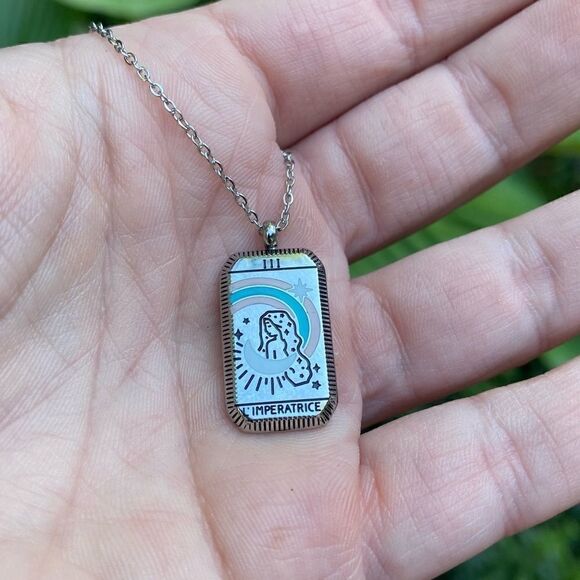 Empress Silver Tarot Card Non Tarnish Enamel and Stainless Steel Boho Necklace - Picture 2 of 8